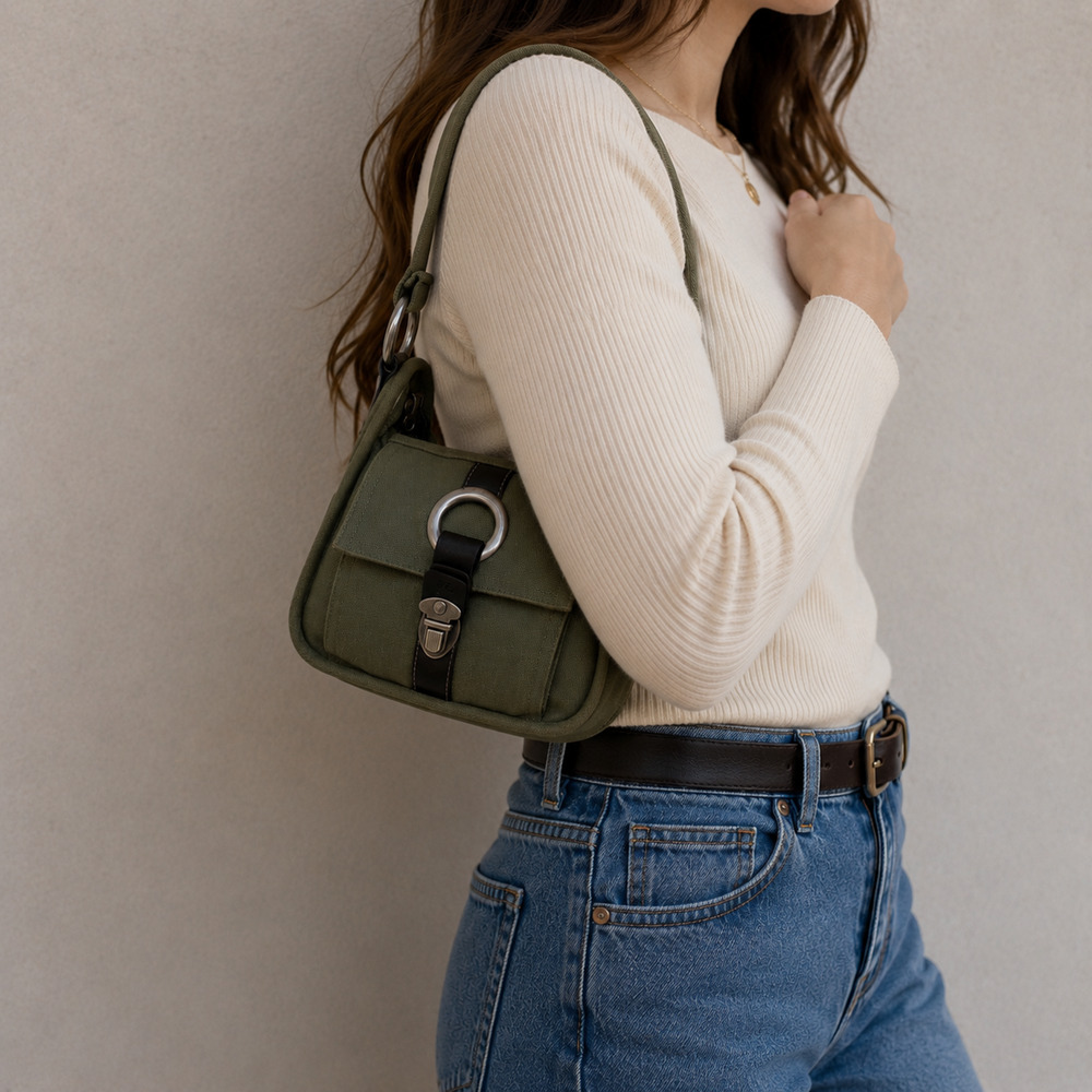 Y2K American Eagle Outfitters Green Canvas Shoulder Bag Buckle Flap Silver Ring